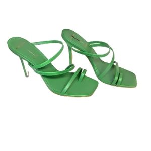 Black Suede Studio Cindy Stiletto Strapy Mule Sandal Green Leather Toe Loop